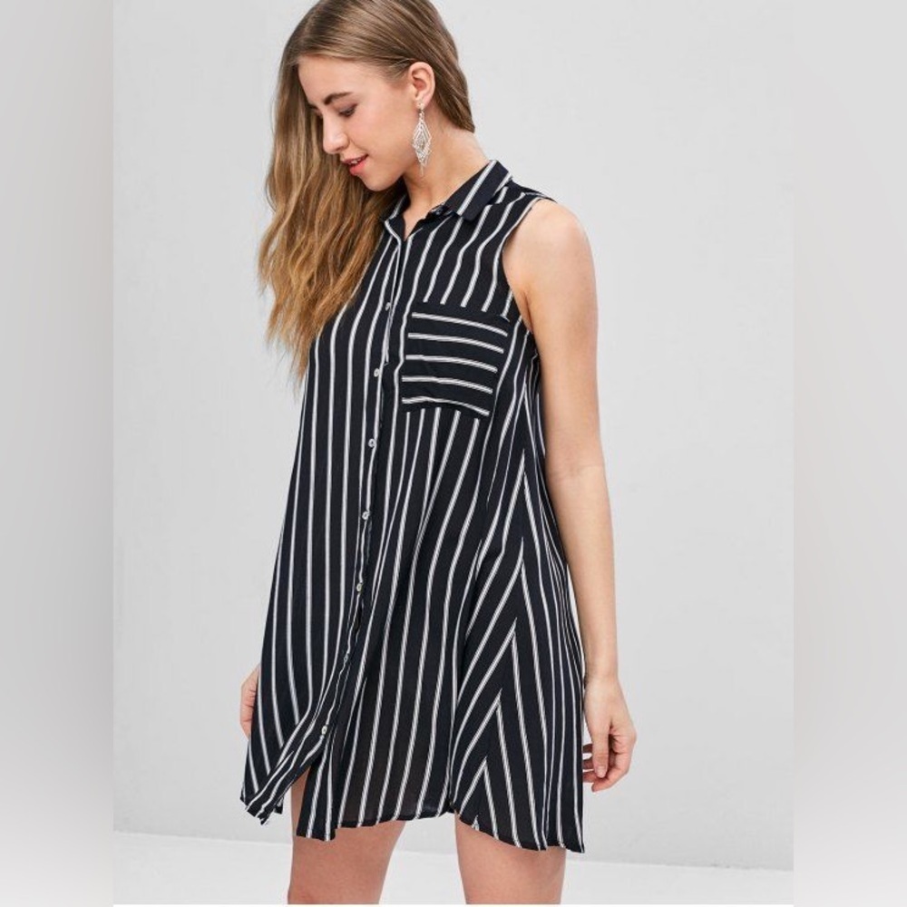 Stradivarius Sleeveless Button-Down Shirt Dress – Black/White Stripes – Medium